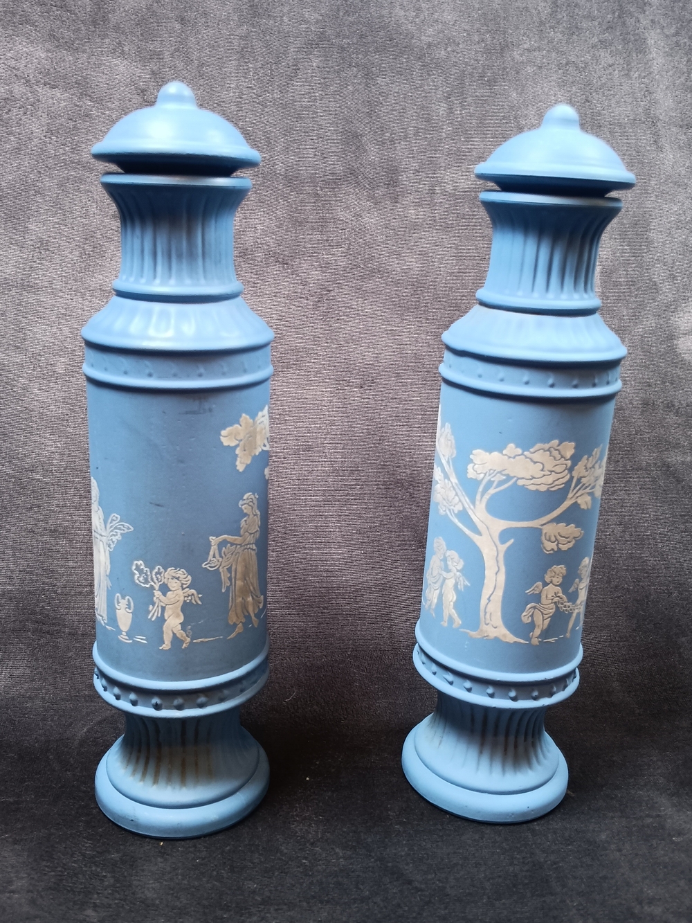 Avon Perfume Blue Jasperware-Style Decorative Urn Pair